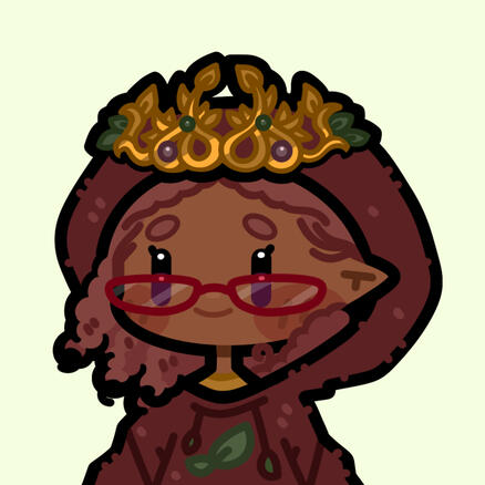 Chibi Rose Embers, a young femme with pinkish curly hair. She's wearing a golden crown, imitating vines and leaves with green and purple jewels towards the center, above a cozy maroon hoodie with a leaf on the chest. They are wearing a yellow shirt underne